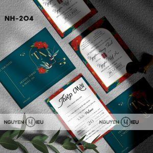 Thiệp cưới màu xanh hoa đỏ